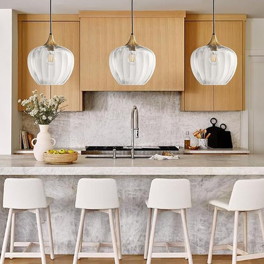 Clear Glass Pendant Lights Kitchen Island, 9" Round Lampshade Vintage Hanging Lamp Ceiling Lighting Fixtures, Gold Modern Chandelier for Dining Room Restaurant Bedroom Foyer Entryway