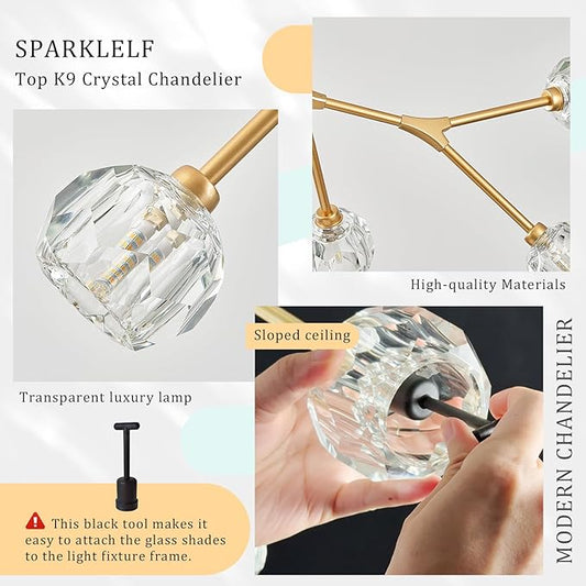 K9 Crystal Pendant Light Fixture Sputnik Chandeliers for Dining Room 6 Light Modern Gold Chandelier L43’' Mid Century Flush Mount Chandelier for Over Table Living Room Kitchen Island