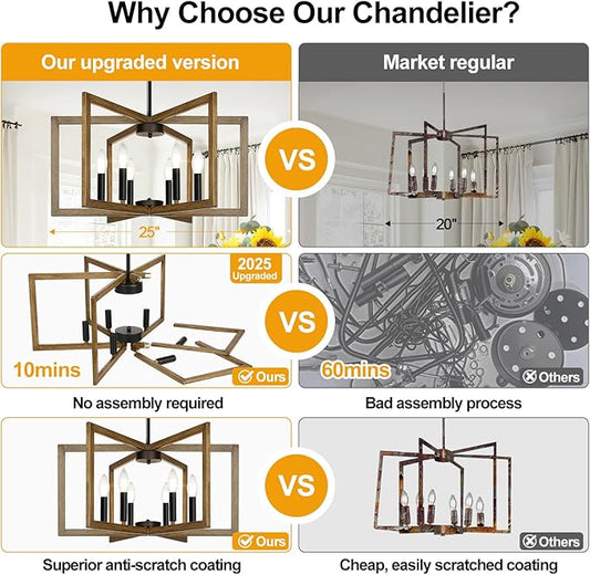 25" Retro Wood Texture Chandelier for Dining Room, No Assembly Required Dining Room Light Fixture Over Table, Industrial Metal Hanging Pendant Lights Fixture for Kitchen Island, Entryway, Foyer