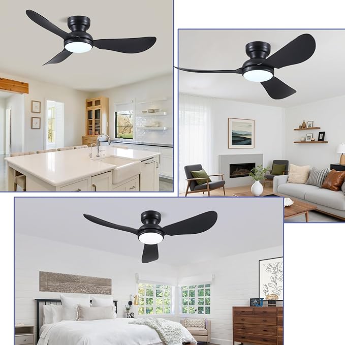 Kviflon 46 Inch Modern Ceiling Fans with Lights, Small Flush Mount Ceiling Fan with Light and Remote/APP Control, 3 Reversible Curved Blades, 6 Speeds, 3 CCT Dimmable Lights for Bedroom, Black