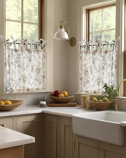 jinchan Floral Linen Tier Curtains 36 Inch Farmhouse Cafe Curtains Tie Top Botanic Drapes for Small Windows Over Sink for Kitchen Country Rustic Laundry Room Bathroom RV 2 Panels Black on Beige