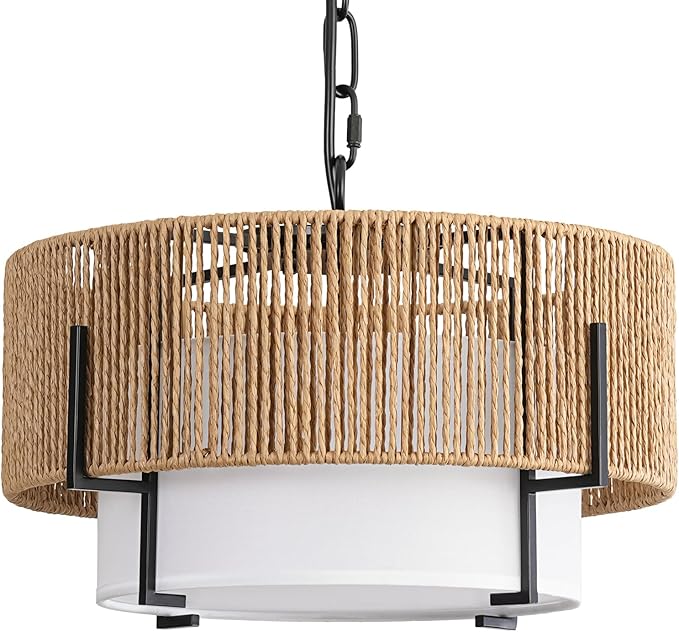 12.6" Rattan Pendant Light, Boho Chandelier Light Fixture with Fabric Shade, Farmhouse Rattan Hanging Ceiling Lighting Fixture for Dining Room, Living Room, Kitchen Island, Bedroom, Hallway, Foyer