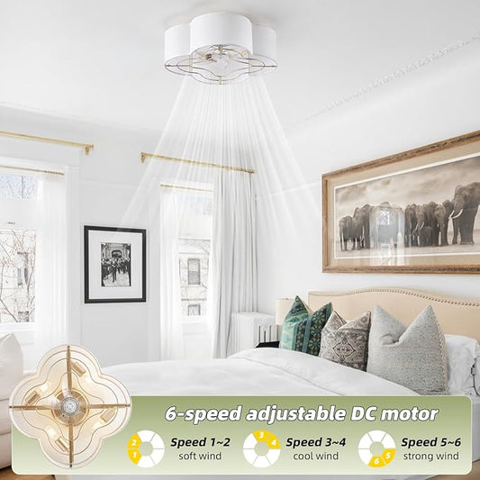 Caged Ceiling Fan with Light, Boho Flush Mount Ceiling Fan with Lights Remote Control, Rattan with 6 Speeds for Bedroom, Living Room, Foyer, Nursery