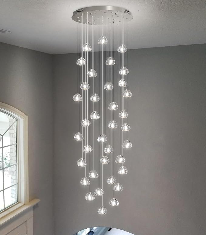 HAIXIANG W27.5 x H197 Extra Large Chandelier Bubble Crystal Balls Glam Chandeliers Dimmable Light High Ceiling Pendants Light Fixtures Adjustable Long Lights Silver Chrome