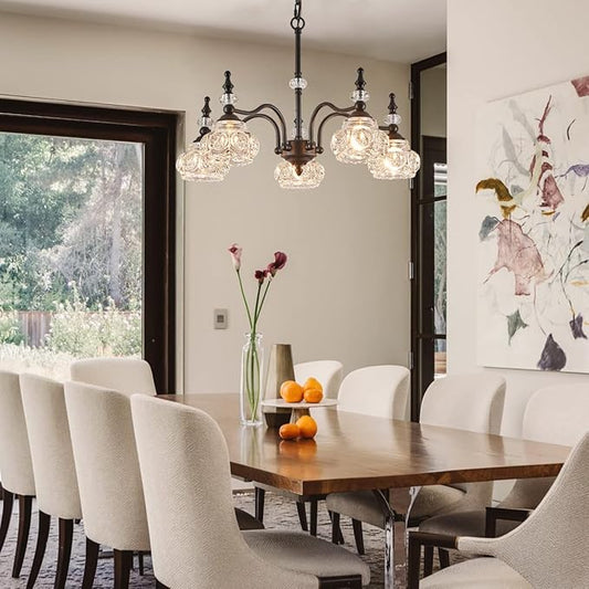 Vintage 5-Light Chandelier Black Kitchen Pendant Light Fixtures Finish with Crystal Glass Shade for Living Room Dining Room Bedroom Chandelier Over Table