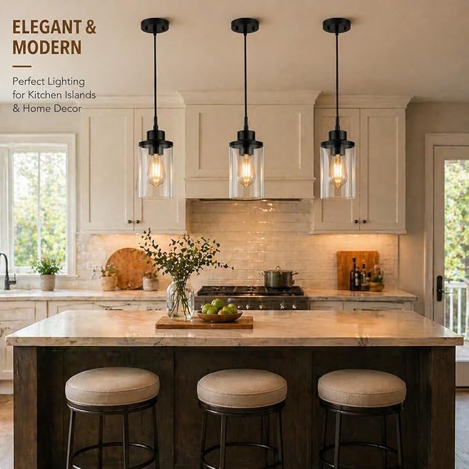 Modern Black Farmhouse Clear Glass Cylinder Pendant Light Fixture, Adjustable Height Hanging Pendant Lighting for Kitchen Island, Dining Room, Bedroom & Hallway (3 Packs)