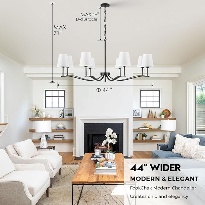 8 Light Black Chandelier with White Linen Shade 44'' Fabric Dining Room Chandeliers Over Table Transitional Living Room Chandeliers for Master Bedroom Entry Hanging Light Fixture Home Office Kitchen
