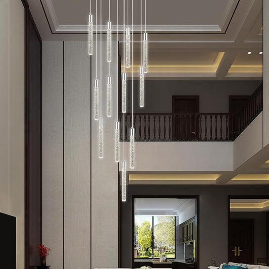 12-Light Chrome Bubble Crystal Chandelier, Cool White Spiral Staircase Pendant for High Ceilings Sloped Ceiling Compatible Canopy Adjustable Hanging Height Hardwired Foyer Entryway