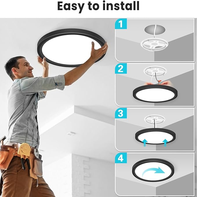 libtit 12 inch Flush Mount LED Ceiling Light Fixture, 3000K 4000K 6500K Adjustable, 28W 3200lm Black Round Lighting Fixtures for Bathroom Shower Hallway Kitchen, 2 Pack