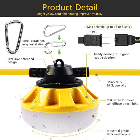 200FT Construction String Lights LED Industrial Grade Best for Construction Sites, Renovation, Walkways,Patio,Mine cave, Outdoor, and Other Outdoor Lighting Solutions Use,Free for Climbing Hook