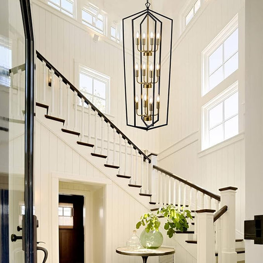 Lanhall 12-Light Lantern Tired Foyer Entryway Hanging Lights Farmhouse High Ceiling Pendant Lights Industrial Chandelier for Hall Foyer Entryway Living Room-Brushed Brass