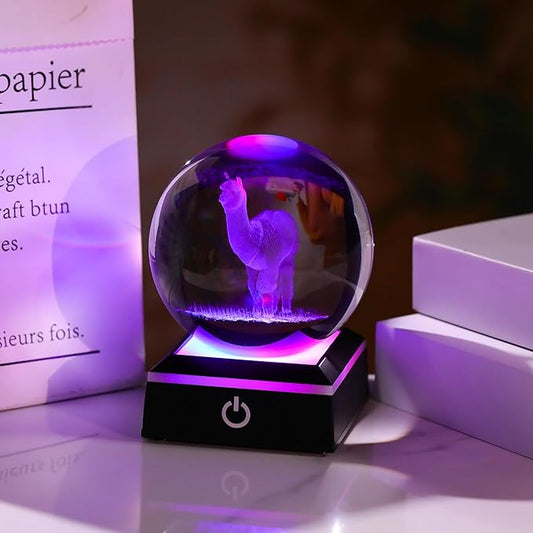 Llama Gifts for Women 3D Crystal Ball with 7-Color Changing Base - Llama Stuff Statue Home Decor - Glass Llama Figurine for Shelf Desk Office or Bedroom