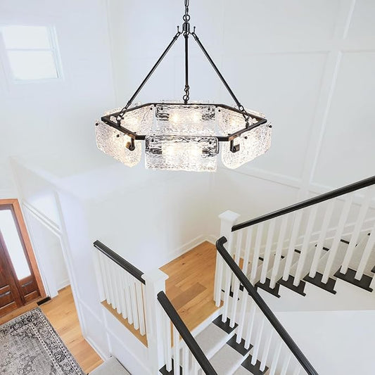 26.5" Black Glass Chandeliers for Dining Room,12-Light Large Modern Textured Glass Drum Chandelier, Crystal Round Hanging Light Fixture Over Table for Living Room Hallway Bedroom Kitchen,E12