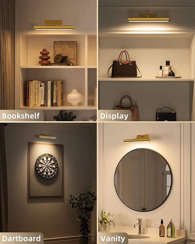 EZVALO Picture Light for Wall, 13-Inch Wireless Rechargeable 4000mAh LED Art Light with Remote, Dimmable 3 Color Temps, Battery Operated Wall Light for Living Room, Bedroom, Gallery (Gold, 2 Pack)