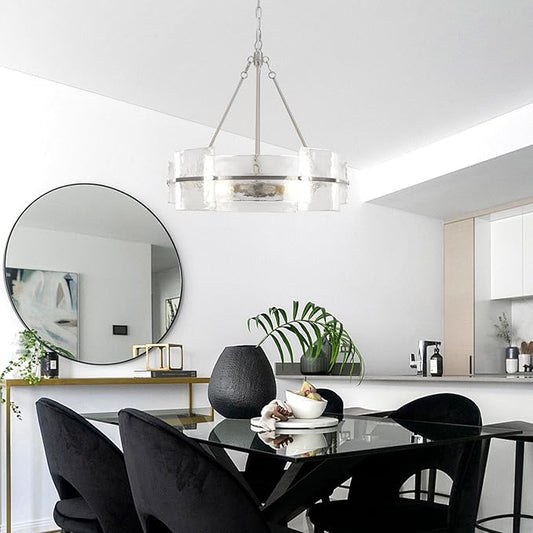 Modern Glass Dining Room Chandelier, 22 inch Brushed Nickel Drum Kitchen Island Light Fixture Luxury Textured Glass Water Ripple Crystal Chandeliers for Living Room Foyer Bedroom