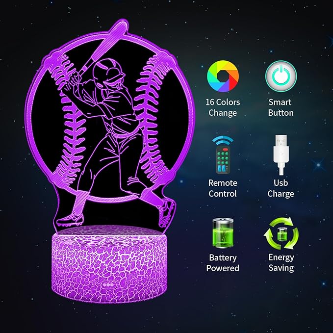 BASSI Baseball Gift 3D Night Light for Kids - 16 Colors & Flashing Modes with Remote Control Opreated Dimmable - Baseball Player Decor - Christmas Birthday Gifts for Boys Girls Sport Fans