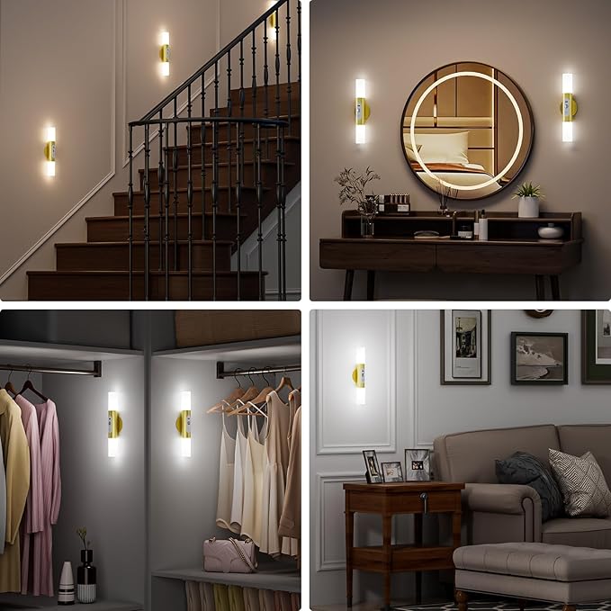 Motion Sensor Wall Sconces with Remote Control, LED Rechargeable Battery Operated Wall Lights Set of Two for Living Room, Indoor Wireless Wall Lamps for Bedroom, Hallway, Stair, Gold 2 Pack
