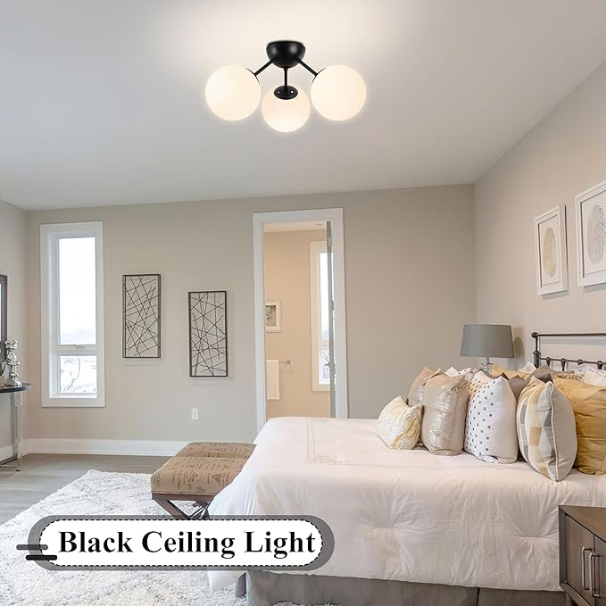 Bagood 3-Light Mid Century Modern Semi Flush Mount Ceiling Light, Opal Glass Globe & Matte Black, Dimmable, UL Certified, for Bedroom, Kitchen, Living Room (Bulb Incl.)