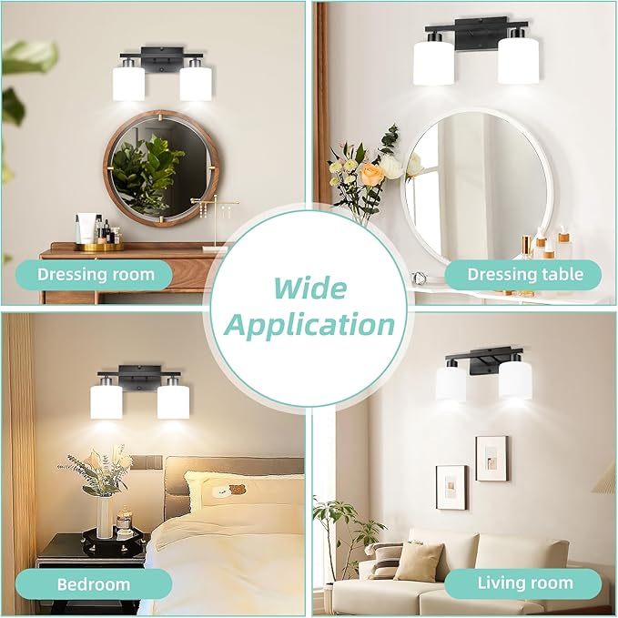 SILAMPDI Black Bathroom Lighting Fixtures Over Mirror, Modern 2-Light Vanity Lights Fixtures Rustproof Wall Sconces Light for Bedroom, Hallway, Milky White Glass Shades, E26 Base, Bulbs Not Included