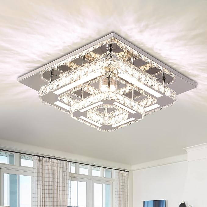 FRIXCHUR 12" Crystal Ceiling Light Crystal Chandelier LED Square Flush Mount Ceiling Light 2-Layer K9 Crystal Ceiling Fixture for Bedroom Living Room Dining Room Hallway Staircase Kitchen Closet