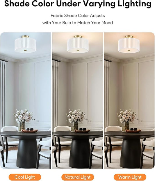 VONLUCE 12.2" Semi Flush Mount Ceiling Light, 2-Light Modern Ceiling Lights with Pleated White Shade, E26 Bulb Compatible, Ideal Light for Bedroom, Living Room, Nursery, Hallway, Bronze Finish