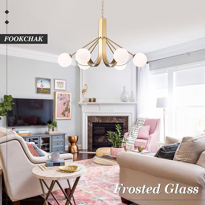 Gold Sputnik Light Fixture Modern Kitchen Chandelier Brassy Gold Bedroom Light Fixtures with Chain 33in Dining Table Light Fixture Mid-Century 6 Light Frosted Glass Chandelier for Living Room Entry
