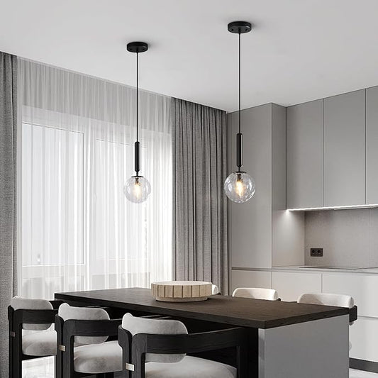 Modern Black Pendant Light Hanging Fixture Light for Kitchen Island Mid Century with Globe Pendant Light Clear Glass Pendant Lighting for Living Room Bedroom Entryway (2 Pack)