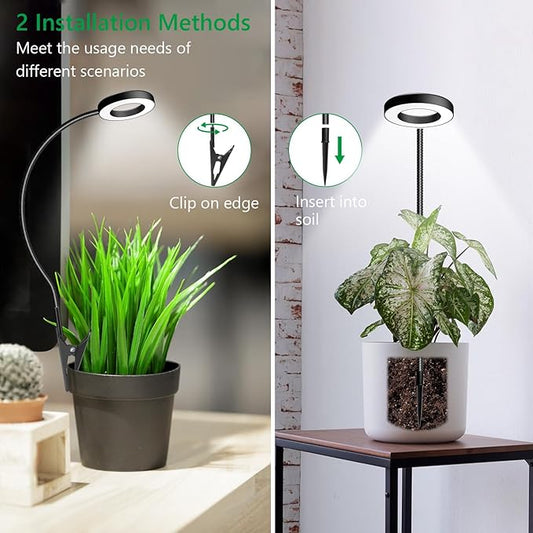 Clip on Grow Light, 6000K Halo Plant Lights for Growing Small Plants, LED Full Spectrum Grow Lamp with 6/12/16H Timer, 5 Dimmable, 3 Modes, 2 Installation Options Clip or Plug