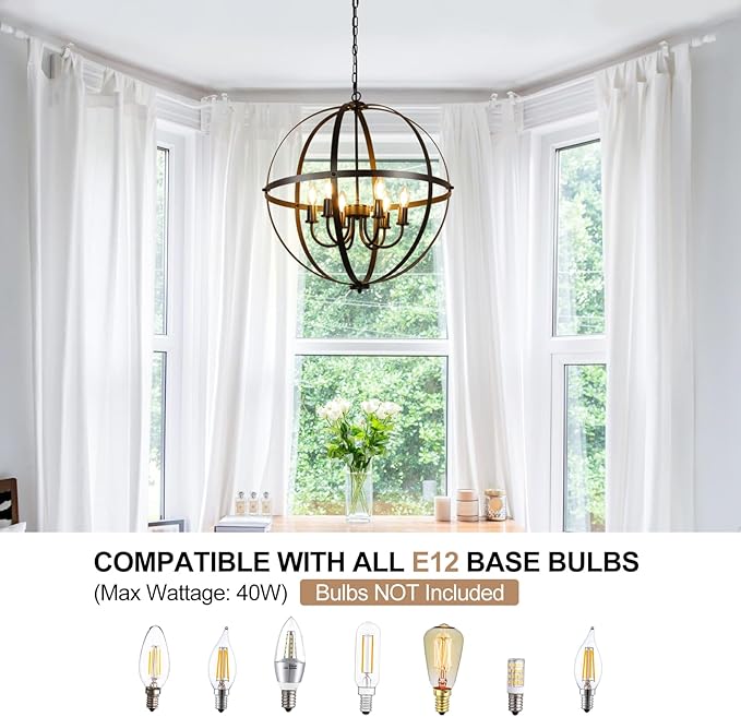DLLT 6-Light Orb Chandelier, Black Globe Pendant Light Fixtures, Industrial Sphere Pendant Lighting Over Island, Adjustable Hanging Light with Metal Cage for Dining Room, Foyer, E12 Bulbs Not Included
