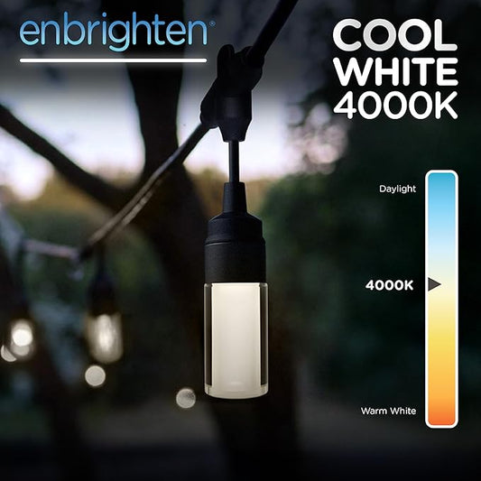 Enbrighten Modern Outdoor String Lights, 24ft, 12 Cylindrical Shatterproof Bulbs, Cool White 4000K, Weatherproof, Commercial Grade Patio Lighting, 87750
