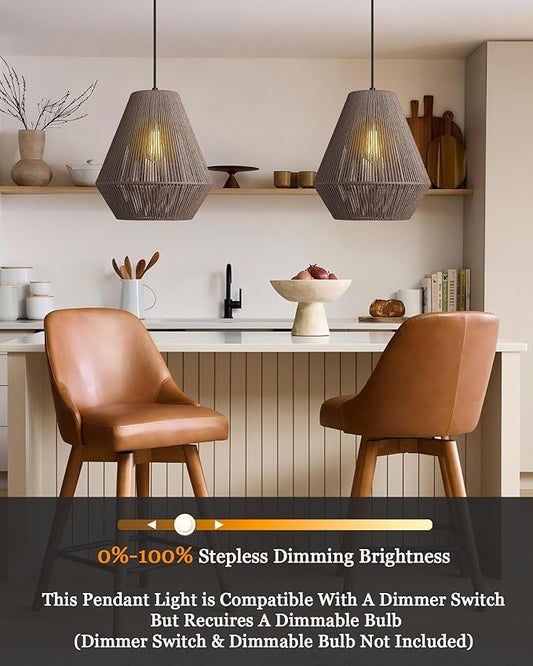 ELYONA 12” Woven Pendant Light for Kitchen Island Farmhouse Boho Hanging Lamp with Handwoven Rattan Basket Shade Adjustable Pendant Light Fixtures for Dining Room Bar Bedroom Foyer Hallway Dark Brown
