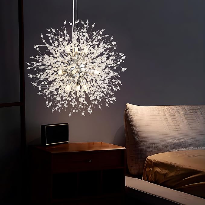 SineRise Modern Crystal Chandeliers Firework, Crystal Light Fixture, Dandelion Chandelier (9-Light, Chrome) for Foyer Hallway Entryway Kitchen Bedroom (Bulbs Not Included)