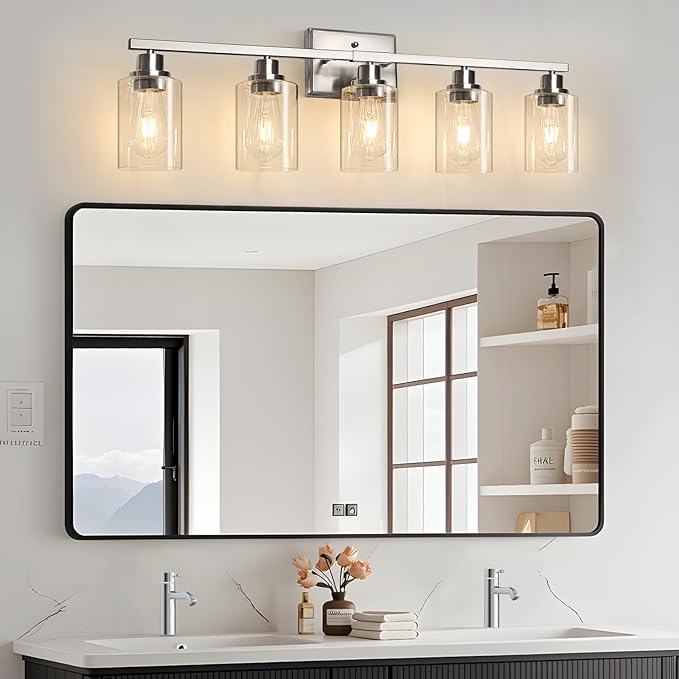 Unicozin Modern Bathroom Light Fixtures, 5 Light Vanity Lights Over Mirror, Brushed Nickel Wall Lamp with Clear Glass for Living Room Cabinet Bedroom Porch