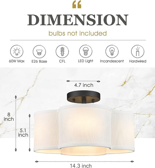 Black Semi Flush Mount Ceiling Light, Close to Ceiling Light Fixtures with Fabric Shade in Quatrefoil Shape, Farmhouse 13-inch Ceiling Light for Kitchen Hallway Bedroom, AD-22007-4SF-BK