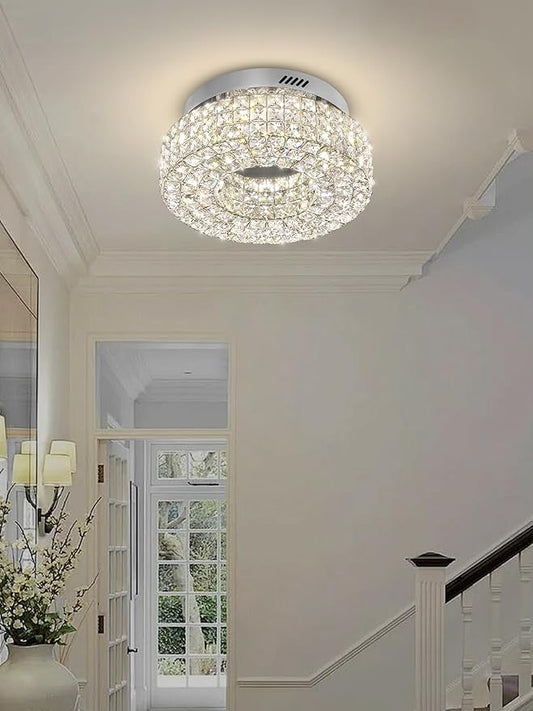 ykolupty 16" Crystal Chandeliers,Round Chandelier for Living Room Modern Flush Modern Crystal Ceiling Light Fixture for Foyer Bedrooms Dining Room Hallway Silver