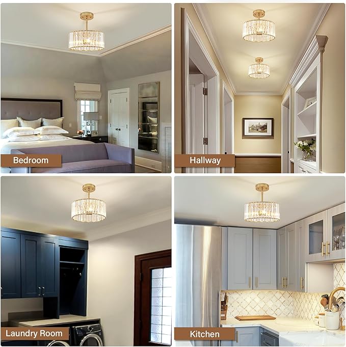 YURNYQ Gold Crystal Chandelier, Small Modern Semi Flush Mount Ceiling Chandelier Light Fixtures, Round Hanging Lighting Fixture for Kitchen Bedroom Hallway Entryway Laundry Room, 3-Light, 11.8 Inch