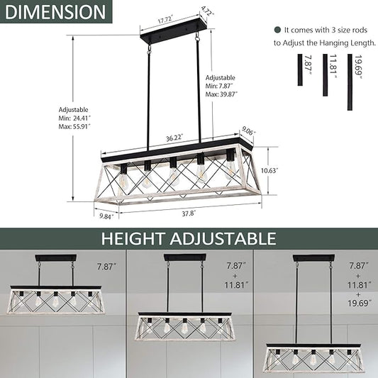 Luupyia 37.8Inches Farmhouse Rectangular Chandelier Rustic, 5-Lights Kitchen Island Lighting, Linear Island Light Fixture Farmhouse Pendant Lighting Fixtures for Dining Room Pool Table Beige, E26