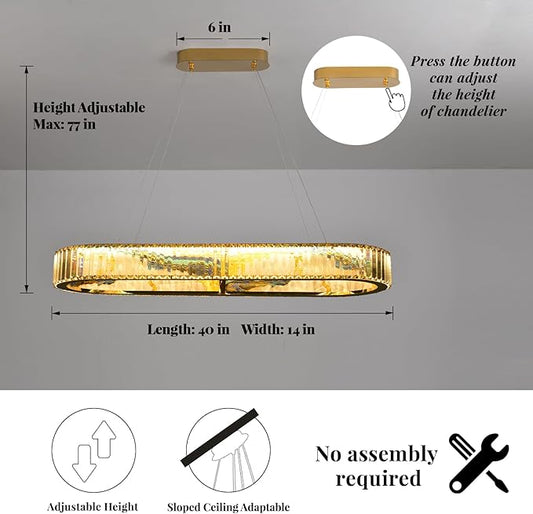 Luxury Crystal Chandelier, Modern Rectangular LED Pendant Light for Kitchen Island Dining Room, 40 Inch, No Assembly Required