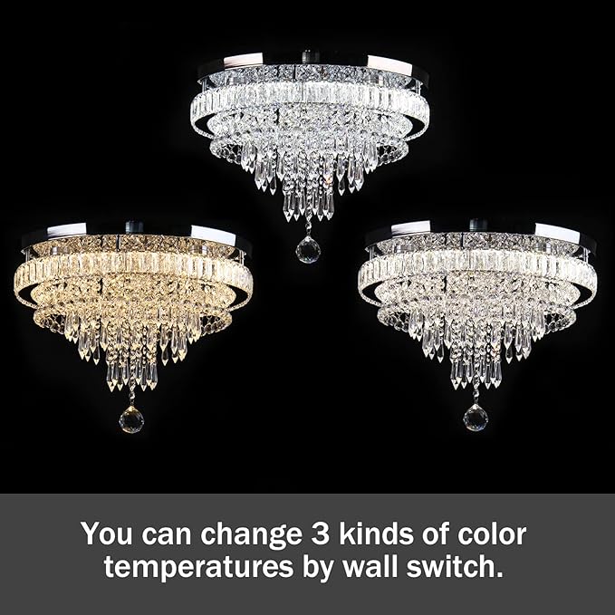 FRIXCHUR 19.7" Crystal Chandelier Crystal Ceiling Light Modern LED Flush Mount Chandeliers Light Fixture for Bedrooms Living Dining Room 2700K/4000K/6500K Changeable Color