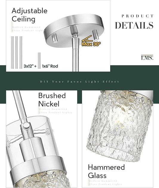 LMS Brushed Nickel Pendant Lights Kitchen Island, 1-Light Modern Glass Pendant Light Fixtures with Hammered Glass, Adjustable Mini Hanging Light for Kitchen Island Sink Bathroom, LMS-199