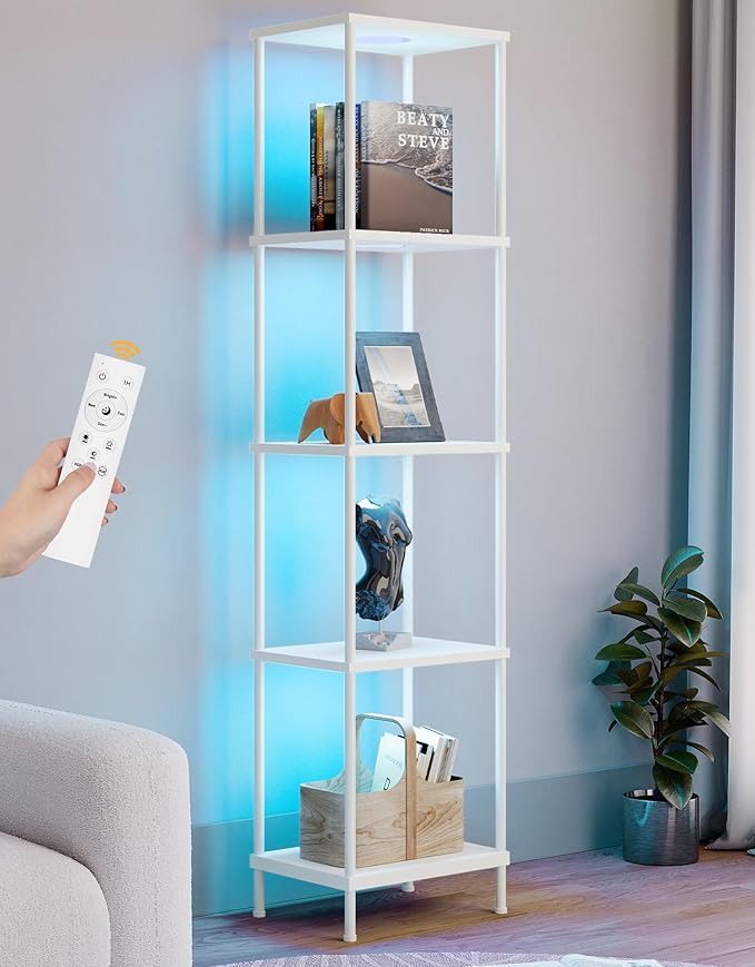 Display Shelf with RGBCW Light, Color Changing Curio Cabinet Floor Lamp with Shelves Corner Standing Column Lamp Etagere Organizer Tower Nightstand Bookcase for Living Room Bedroom Office Décor White