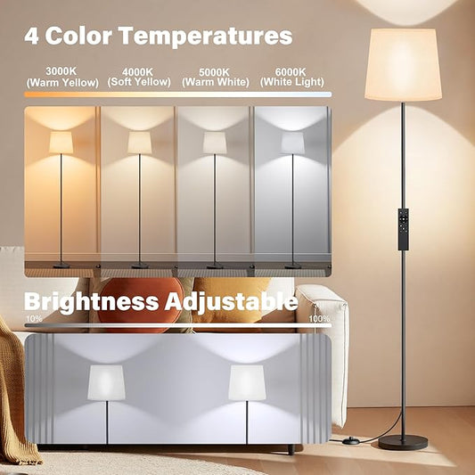 SIBRILLE Floor Lamp with White Shade, 62" Dimmable LED Standing Lamp with Remote, 9W E26 Bulb Included, 3000-6000K, Modern Floor Reading Light for Bedroom Living Room Office Corner, Black Pole