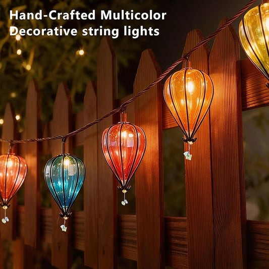 Outdoor String Lights Plug in with 10 Incandescent Bulbs, Multicolor Patio Lights Connectable Weatherproof Decorative Lantern String Lights for Gazebo Porch Bedroom Cottagecore Decor (Hot Air Balloon)