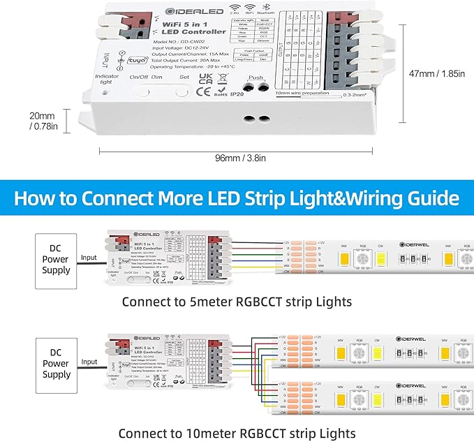 GIDERWEL Smart 5 in 1 WiFi LED Controller RGBWW for Strip Lights RGBCCT RGBW RGB CCT and 5 White Strips,Work with Alexa/Google Assistant,APP/Voice Control Color Change Dimming(Only a WiFi Controller)