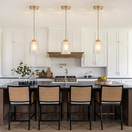 MWZ Gold Pendant Lights Kitchen Island 3 Pack, Modern Hanging Kitchen Pendant Lighting Over Sink with Hammered Glass Shade,Small Chandeliers Fixtures Adjustable Cord Hanging Lighting for Dining Room