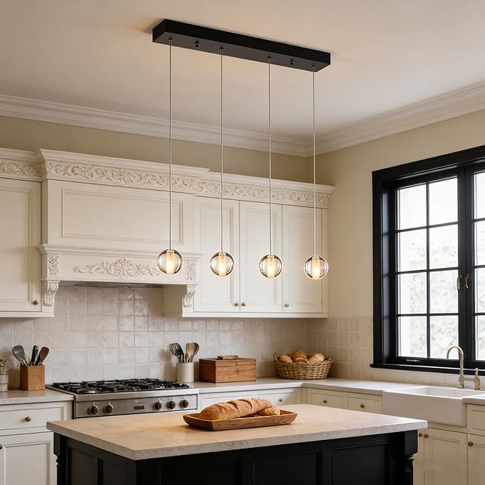 Black Modern 4 Lights Bubble Light Chandelier for Dining Room, Crystal Globe Kitchen Hanging Pendant Light, Rectangular Chandeliers Over Table for Kitchen Island Hallway Bedroom