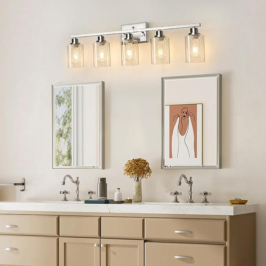 Ascher Bathroom Light Fixtures, 5-Light Vanity Lights with Clear Glass Shade, Modern Brushed Nickel Wall Light for Mirror Bedroom Hallway Cabinet Porch