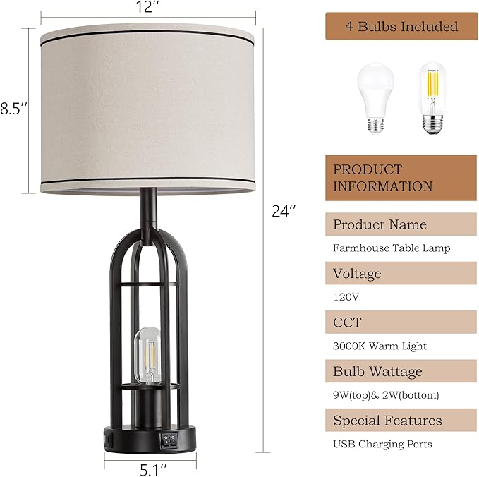SRJJA Black Table Lamps for Living Room Set of 2 - Farmhouse Industrial Lamps for Night Stands with Night Light & USB A+C, 24" Rustic Bedside Lamp for Bedroom, Bulbs Included