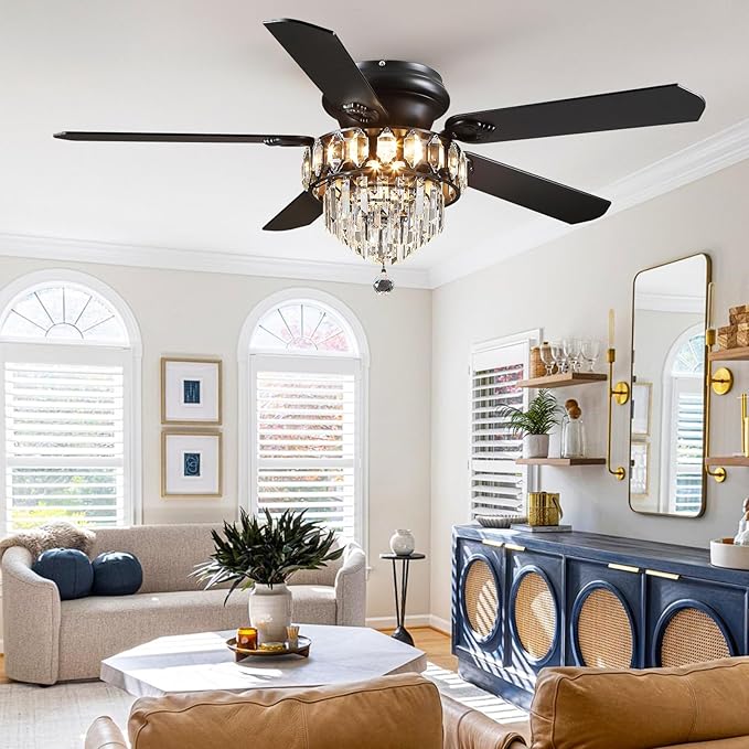 Asyko 52" Low Profile Crystal Ceiling Fan Fandelier with Lights and Remote Control- Retro/Farmhouse Ceiling Fans with Noiseless DC Motor, Flush Mount Ceiling Fan Light for Dining Room,Bedroom