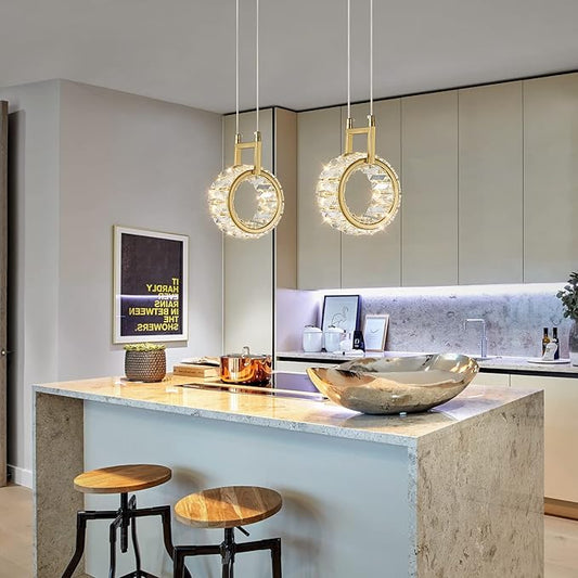 Kitchen Island Mini Light Fixture Modern Led Crystal Pendant Light Gold Round Chandelier for Dining Room Living Room Kitchen Bedroom Bar(1-Pack)